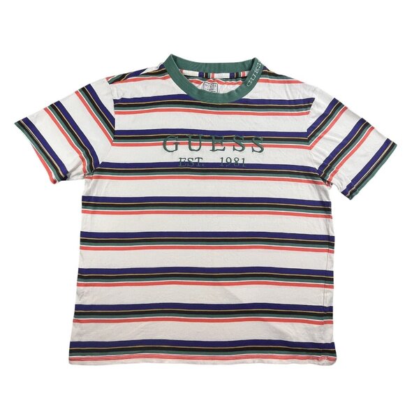 VTG Guess Shirt Men Medium Multicolor Embroidered Striped Streetwear Grunge Y2K - Picture 1 of 11